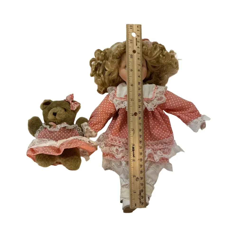 Vintage Porcelain Doll Tea Party Set‎ with Teddy Bear and Wooden Furniture Pink